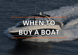 Powerboat cruising with text overlay: When to Buy a Boat. Discover ideal timing for purchasing your dream vessel. When’s the Best Time to Buy a Boat?