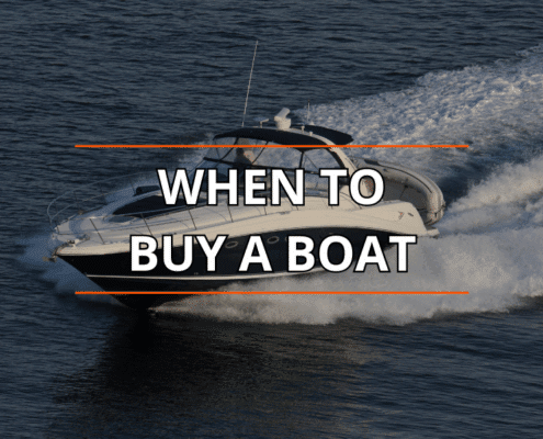 Powerboat cruising with text overlay: When to Buy a Boat. Discover ideal timing for purchasing your dream vessel. When’s the Best Time to Buy a Boat?