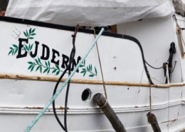 Close-up of a vintage boat exterior with EJDERN text and decorative leaves, showcasing nautical charm.