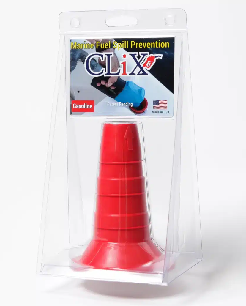 Red marine fuel spill prevention tool in packaging, labeled CLiX. Ideal for safe boating fuel transfers.