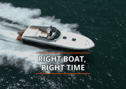 Sleek powerboat cruising fast on open water, emphasizing Right Boat, Right Time message.