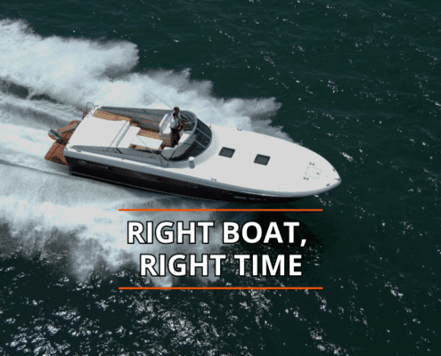 Sleek powerboat cruising fast on open water, emphasizing Right Boat, Right Time message.