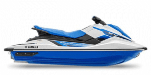 YamahaEX Blue and white Yamaha WaveRunner jet ski, side view, highlighting sleek design and sporty features.